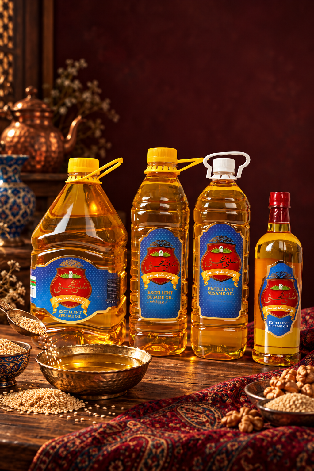 بسته‌بندی‌های واقعی روغن کنجد سنتی بهجتی با رنگ طلایی و نور طبیعی