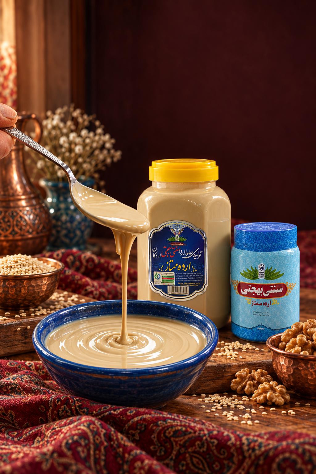 اردهٔ روان سنتی بهجتی در کاسه، کنار بسته‌بندی‌های واقعی روی میز چوبی و پارچهٔ ترمه